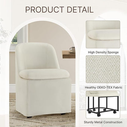KISLOT Upholstered Dining Chairs Set of 1 with Casters, Modern Side Armless Deskchair with Washable Slipcover & Sturdy Metal Frame for Diningroom Bedroom Livingroom Reading Room, Beige Fabric