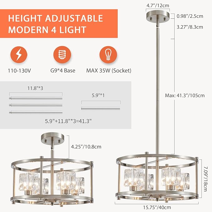 Brushed Nickel Ceiling Light Modern 4-Light Pendant Lighting Fixture 15.7" Adjustable Height Chandeliers with Glass Lampshade Rustic Round Lights for Bedroom Dining Room Kitchen Foyer