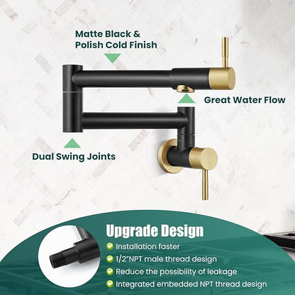 Heyalan Pot Filler 19 Inch Wall Mount Folding Stretchable Kitchen Restaurant Faucet Stainless Steel Pot Filler Double Joint Swing Arm Two Handles Commercial NPT,Straight Handle,Black and Brushed Gold
