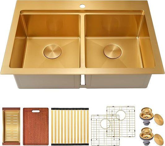 MILOSEN 36 Inch Gold Double Bowl Kitchen Sink, 36''x22'' Gold Drop in Workstation Sink 50/50 Topmount Double Basin with Accessories, 16 Gauge T304 Stainless Steel Sinks, 10'' Deep and Large Sinks