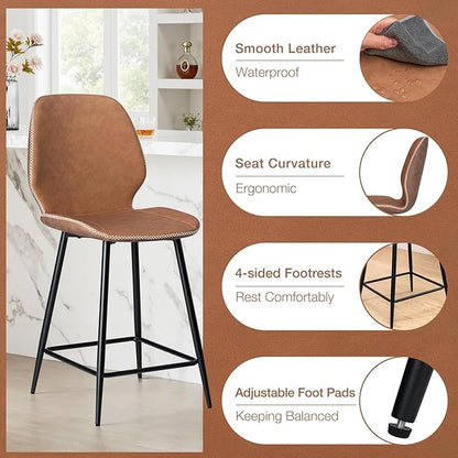 HOMMPA Counter Height Bar Stools Set of 2 Faux Leather 24'' Countertop Stool Chairs with Metal Legs Ergonomic Back Barstools for Kitchen Island Home Brown