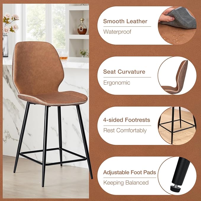 HOMMPA Counter Height Bar Stools Set of 3 Faux Leather 24'' Countertop Stool Chairs with Metal Legs Ergonomic Back Barstools for Kitchen Island Home Brown