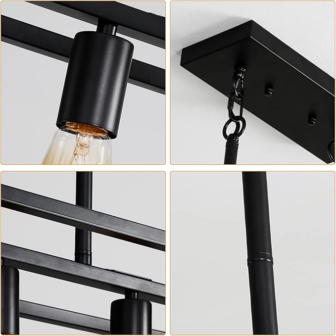 Black Kitchen Island Lighting, 5-Light Farmhouse Chandeliers, Modern Industrial Linear Rectangle Pendant Light Fixtures for Dining Room Kitchen Bar Foyer(Metal, E26 Base)