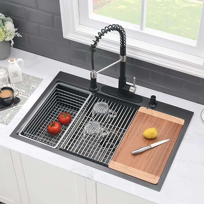 33 Inch Black Drop In Kitchen Sink Workstation-VASOYO 33x22 Kitchen Sink Drop In Black Stainless Steel Top Mount 16 Gauge Deep Single Bowl Overmount Sinks with Cutting Board