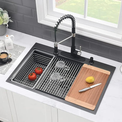 33 Inch Black Drop In Kitchen Sink Workstation-VASOYO 33x22 Kitchen Sink Drop In Black Stainless Steel Top Mount 16 Gauge Deep Single Bowl Overmount Sinks with Cutting Board