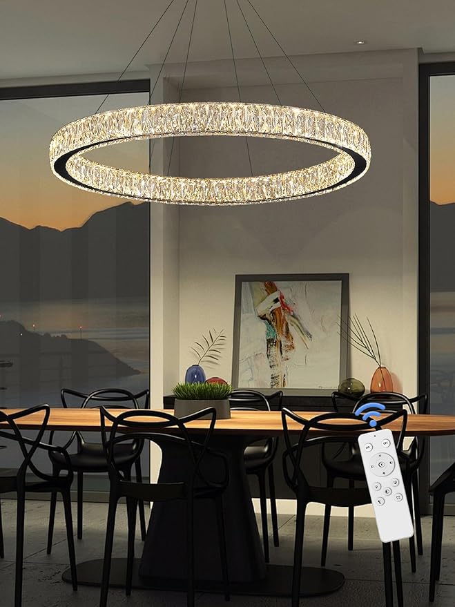 39.4in Large Ring Chandelier for Living Room Modern LED Black Crystal Chandelier for Dining Room Dimmable 2700K-6000K