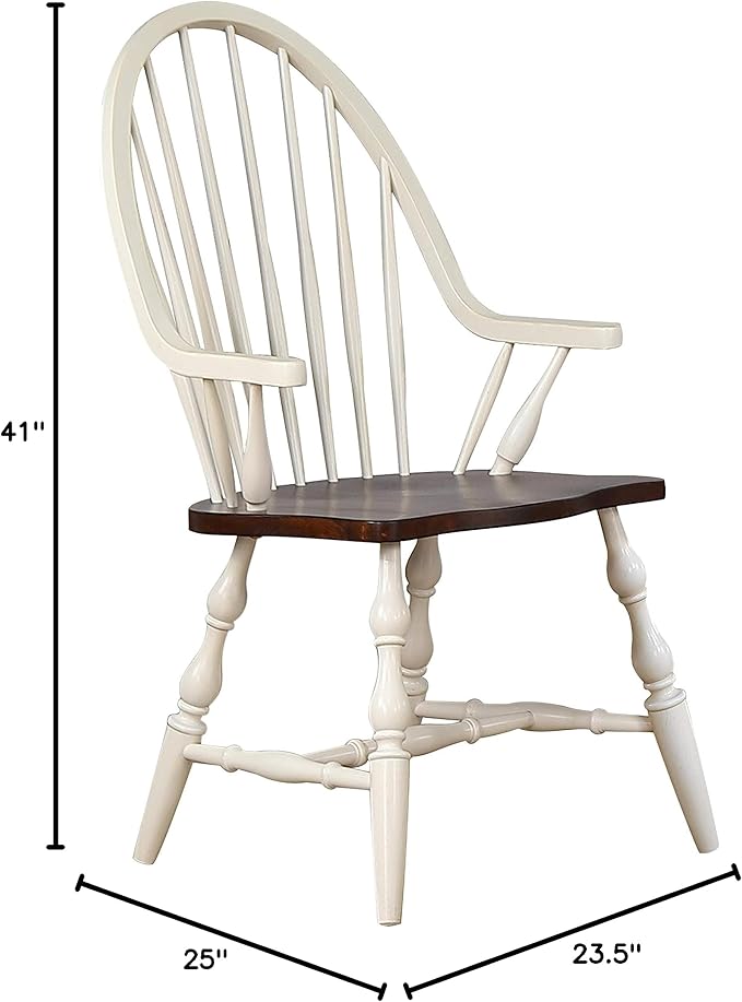 Sunset Trading Andrews Windsor Dining Chair with Arms | Two Tone Antique White Chestnut Brown Solid Wood | Fully Assembled Armchair