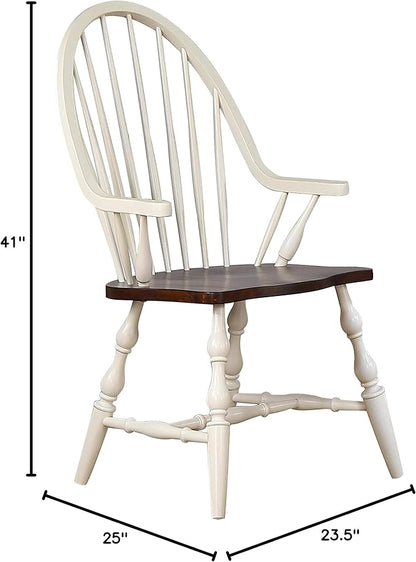 Sunset Trading Andrews Windsor Dining Chair with Arms | Two Tone Antique White Chestnut Brown Solid Wood | Fully Assembled Armchair