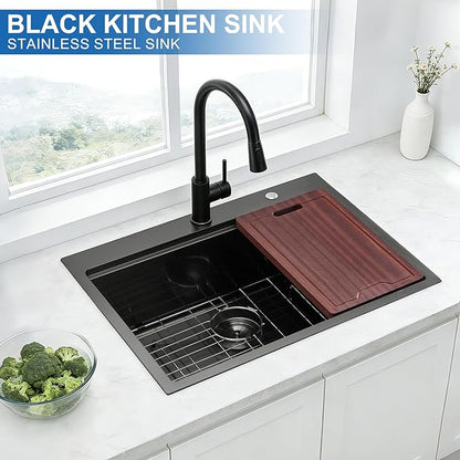 Scamall 28x22x10 Drop In Kitchen Sink Workstation, Nano Black 304 Stainless Steel Deep Single Bowl with Quick Drainage & Tarnish-Free Surface for Bar, Laundry, RV, Includes Accessories