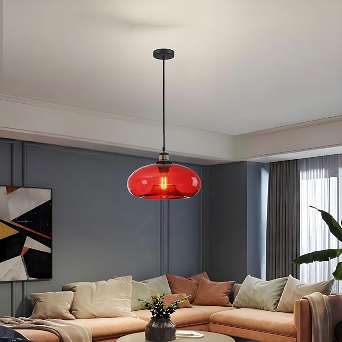 11" Red Glass Pendant Light Industrial Vintage Design Suitable for Kitchen Island Bedroom Dining Room Adjustable Height E26 Bulb Compatible (Red)