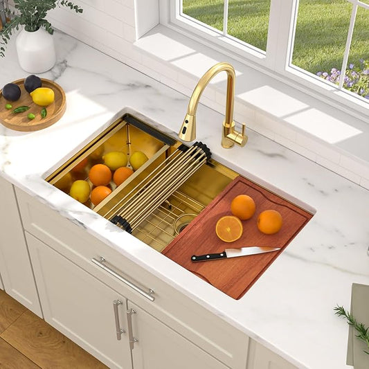 Dcolora 33 In. Gold Undermount Kitchen Sink, Workstation with Valued Accessories, Heavy Duty 16 Gauge 304 Stainless Steel Luxury Gold Nano-PVD, 33"x19"x10" Large Single Bowl #DC-U2533006GW