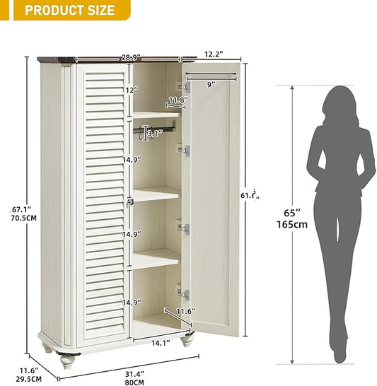 DWVO 4-Tier Storage Cabinet with 2 Shutter Doors, Farmhouse Kitchen Pantry Cabinet with Adjustable Shelves, Wooden Cabinet for Kitchen, Dining Room, Living Room, Office, Rustic White