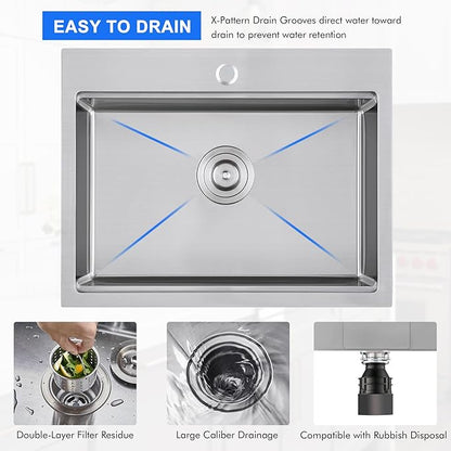 MENATT 23 Inch Kitchen Sink Drop In, 18 Gauge Stainless Steel Topmount Single Faucet Hole Single Bowl Ledge Workstation Kitchen Sink (Brushed)