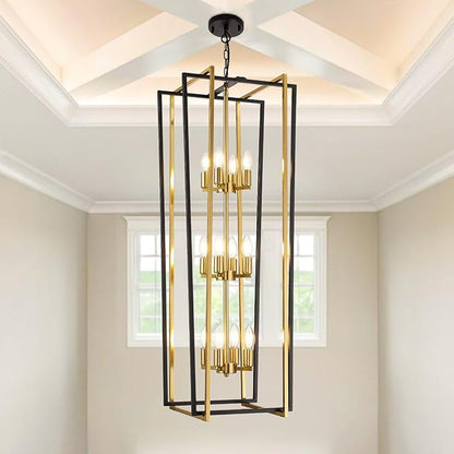 WJShome Stylish 12-Light Tiered Lantern Pendant Light Fixtures - Majestic Large Foyer Chandeliers for High Ceilings, Black & Gold Long Chandeliers Perfect for Your Farmhouse Entryway!