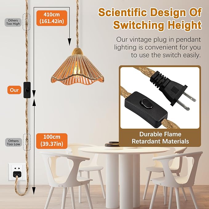 Farmhouse Hanging Lights with Plug in Cord, 16.7FT Rustic Hemp Rope Pendant Light Cord, 23x10 cm Hemp Rope Woven Lampshade Pendant Light Fixtures, E26 E27 Bulb Socket Boho Hanging Lamp, for Bedroom