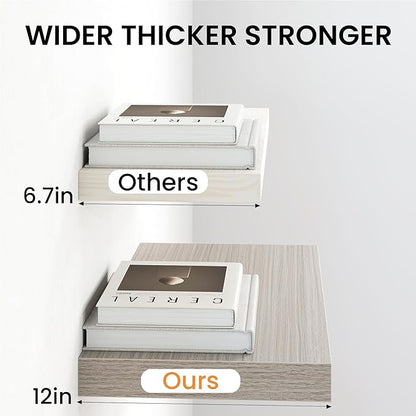 Floating Shelves for Wall, 16'' W x 12'' D Wall Mounted Rustic Wood Shelves for Bathroom, Bedroom, Living Room, Kitchen, Hanging Shelf for Storage/Room Decor with Heavy Duty Brackets, Gray, 2 Pack