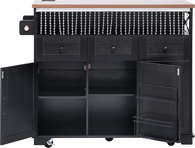 Ball & Cast 46.5" Kitchen Island with Drape of Beads&Power Outlet,Rolling Kitchen Cart on 5 Wheels W/ 3 Drawers,Kitchen Storage Cart W/Internal Iron Shelf&Towel Rack,for Kitchen,Dining Room,Black