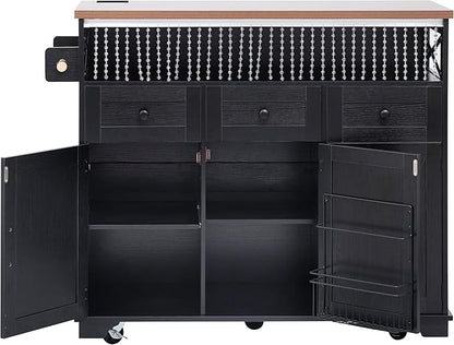 Ball & Cast 46.5" Kitchen Island with Drape of Beads&Power Outlet,Rolling Kitchen Cart on 5 Wheels W/ 3 Drawers,Kitchen Storage Cart W/Internal Iron Shelf&Towel Rack,for Kitchen,Dining Room,Black