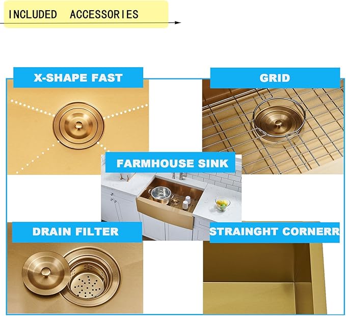 SHACO Gold Farmhouse Sink, 33 Inch Gold Stainless Steel Single Bowl Apron Front Undermount Farm Kitchen Sink with Accessories