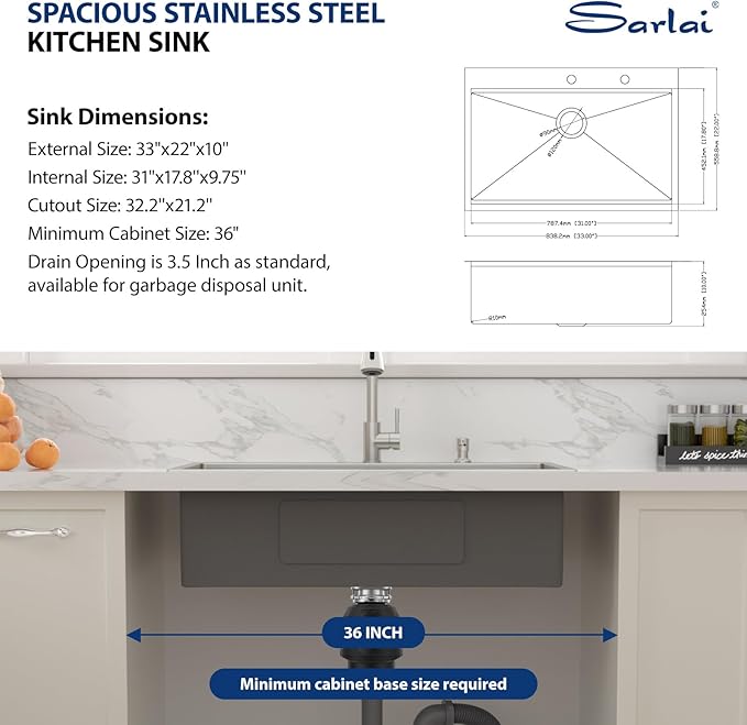 Sarlai 33 Drop In Kitchen Sink with Faucet- 33x22 Inch Drop Kitchen Sink Ledge Workstation Sinks 16 Gauge Stainless Steel Single Bowl Topmount Sinks Basin with Pull-out Faucet