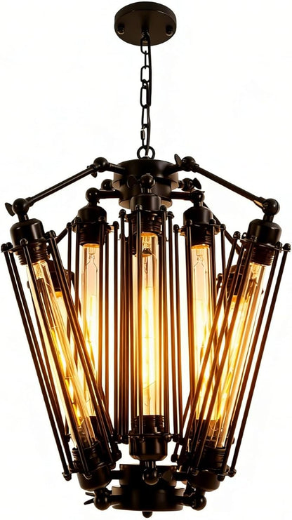 8-Lights Retro Metal Pendant Lamp with Glass Lamp Tube, Industrial Metal Chandelier, Vintage Mid Century Lighting Fixture, Steampunk Style Pendant Light for Foyer Hallway Living Room Bar
