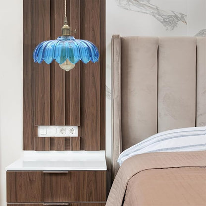Blue Glass Pendant Light Fixtures Medium 9.8 Inches Lampshade Gold Brass Finish and Switch Vintage Pendant Ceiling Lamp Copper Pendant Lighting (Blue)