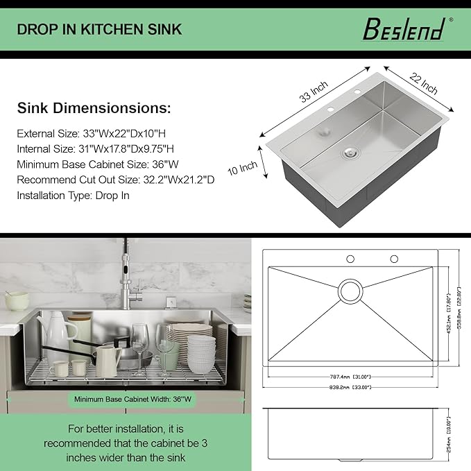 33 Drop In Kitchen Sink - Beslend 33x22 Inch Single Bowl Kitchen Sinks Stainless Steel Topmount Basin 16 Gauge Handmade Top Mount Sink