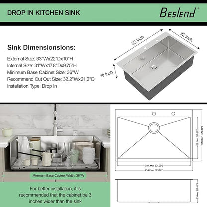 33 Drop In Kitchen Sink - Beslend 33x22 Inch Single Bowl Kitchen Sinks Stainless Steel Topmount Basin 16 Gauge Handmade Top Mount Sink