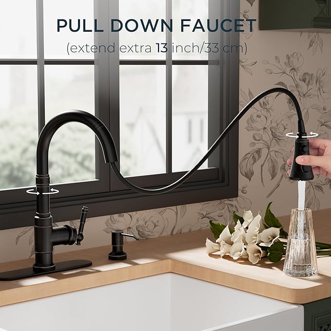 FORIOUS Vintage Kitchen Faucet with Soap Dispenser and Pull Down Sprayer, High Arc Single Handle Stainless Steel Classic Sink Faucet for Farmhouse Camper Rv Bar, Fit for 1 or 3 Hole, Oil Rubbed Bronze
