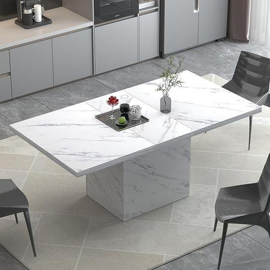 HSH 55 inch Dining Table for 4, Modern White Faux Marble Dining Room Table, Rectanglur Kitchen Table with Heavy Duty Pedestal, Wooden Eating Dinner Desk for Home,Living Room, White Marble, 55 Inch