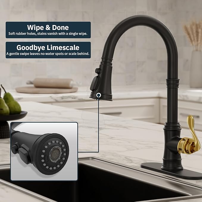 BWE Black Kitchen Faucet with Pull Down Sprayer and Gold Single Handle High Arc 3 Spray Modes Commercial Kitchen Sink Faucet Solid Brass with 10" Deck Plate for Kitchen Sink 1 or 3 Holes