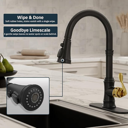 BWE Black Kitchen Faucet with Pull Down Sprayer and Gold Single Handle High Arc 3 Spray Modes Commercial Kitchen Sink Faucet Solid Brass with 10" Deck Plate for Kitchen Sink 1 or 3 Holes