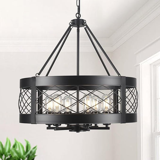 Black Chandelier 6-Light Adjustable Farmhouse Chandelier Dining Room Light Fixture Kitchen Island Lighting Drum Rustic Hanging Lights for Entryway Foyer Bedroom Living Room