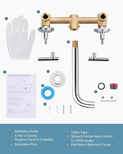 Wall Mount Bathroom Faucet - WOWOW Chrome Bathroom Sink Faucet - 2 Handle Wall Mount Vessel Sink Faucet 3 Holes Elegant Classic Spout Rough in Brass Valve Included