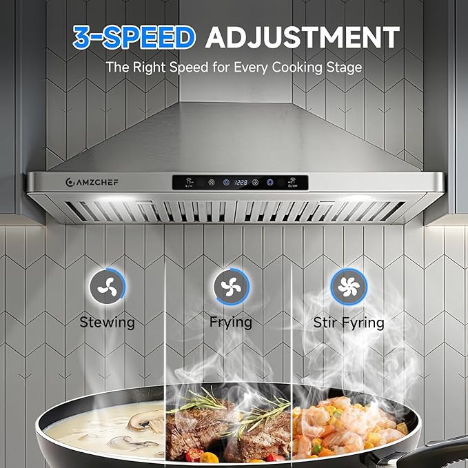 AMZCHEF Wall Mount Range Hood 30 inch: 1050 CFM Stainless Steel Kitchen Stove Vent Hood with 3 Speed Exhaust Fan, Touch/Remote/Gesture Control Kitchen Exhaust Fan with Dishwasher-Safe Baffle Filters