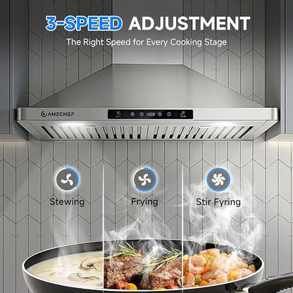AMZCHEF Wall Mount Range Hood 30 inch: 1050 CFM Stainless Steel Kitchen Stove Vent Hood with 3 Speed Exhaust Fan, Touch/Remote/Gesture Control Kitchen Exhaust Fan with Dishwasher-Safe Baffle Filters