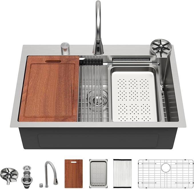 Sarlai 33 Inch Waterfall Kitchen Sink - 33x22 Inch Drop In Kitchen Sink Ledge Workstation Topmount Multifuctional Smart Stainless Steel 16 Guage Single Bowl Sinks Basin with Faucet
