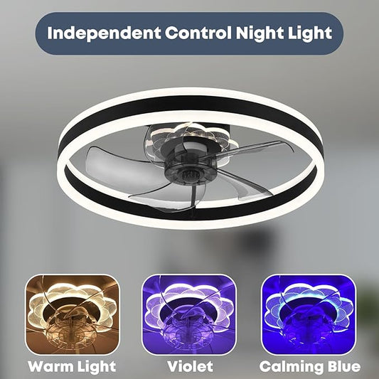 Fszdorj Ceiling Fan with Light, Upgraded 20‘’ Low Profile Fan, Flush Mount Ceiling Fan, 6 Speeds, Dimmable LED, App & Remote Control, Quiet DC Motor, for Bedroom, Living Room, F105 Black-D