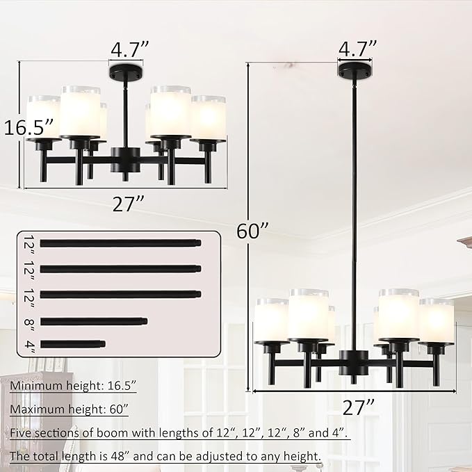 6-Light Black Chandelier for Dining Room Kitchen Island,Modern Farmhouse Pendant Lighting Over Table with Glass Shades,Industrial Metal Hanging Ceiling Light Fixture for Bedroom Hallway