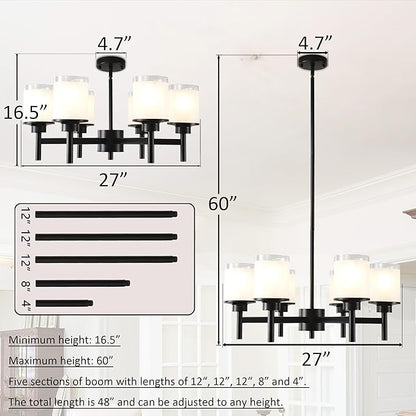 6-Light Black Chandelier for Dining Room Kitchen Island,Modern Farmhouse Pendant Lighting Over Table with Glass Shades,Industrial Metal Hanging Ceiling Light Fixture for Bedroom Hallway