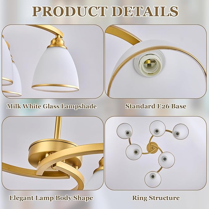6-Light Modern Gold Chandeliers for Dining Room 59"Max Adjustable Height Farmhouse Pendant Light with Frosted Glass Shades, Metal Hanging Lamp for Kitchen Island, Dining Table, Entryway, Hallway