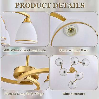 6-Light Modern Gold Chandeliers for Dining Room 59"Max Adjustable Height Farmhouse Pendant Light with Frosted Glass Shades, Metal Hanging Lamp for Kitchen Island, Dining Table, Entryway, Hallway