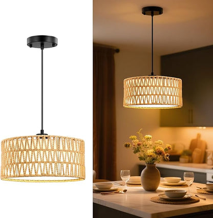 Pendant Lights, Plug in Pendant Light, Hanging Lamp, Boho Lamp, Woven Rattan Pendant Lamp Shade for Kitchen Island, Modern Farmhouse Chandelier Light Fixtures (Bohemian 2)