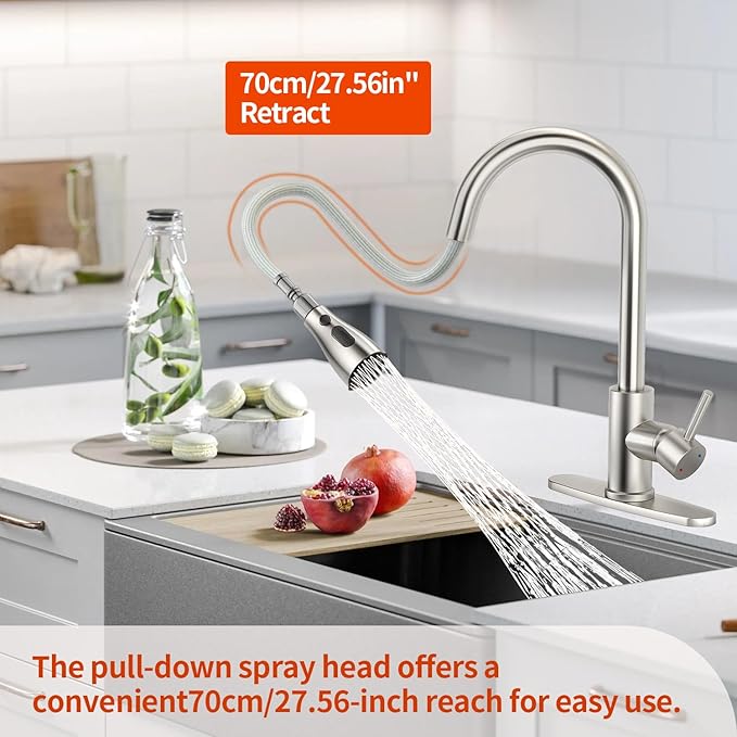 Kitchen Faucet with Pull Down Sprayer,Stainless Steel Single Handle Kitchen Faucet,1/3 Hole,Deck Plate Included，Suitable for farmhouses, Campers, Laundry Rooms, RVs, and Bars (Brushed Nickel)