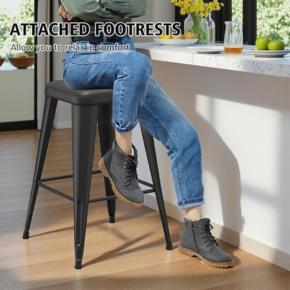 Backless Bar Stools Set of 2, Upholstered Faux Leather Counter Height Stools with Sturdy Metal Legs, 30 Inch Barstools for Kitchen Island (Black)