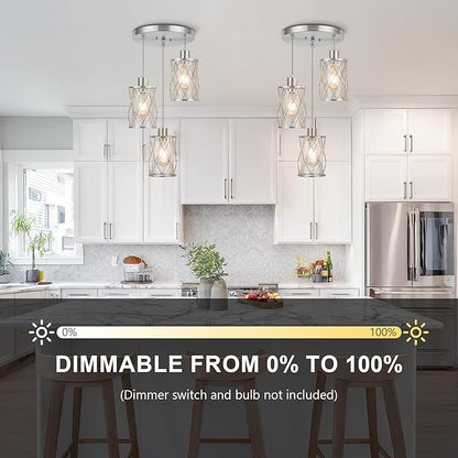 Refice 3-Light Pendant Lights Kitchen Island, Brushed Nickel Kitchen Cluster Hanging Pendant Lights with Clear Glass, Modern Cage Chandelier Light Fixture for Sink Dining Room Bedroom Bar