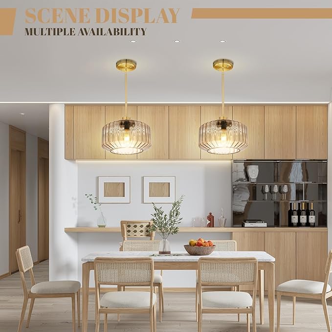 Modern Gold Pendant Light Mid-Century Chandelier for Dining Room, Amber Stripe Glass Shade, Adjustable Height Hanging Lamp for Breakfast Nook Bedroom Dining Room Living Room