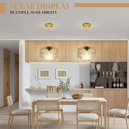 Modern Gold Pendant Light Mid-Century Chandelier for Dining Room, Amber Stripe Glass Shade, Adjustable Height Hanging Lamp for Breakfast Nook Bedroom Dining Room Living Room