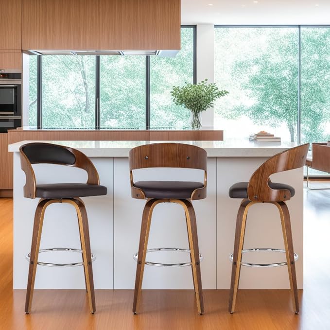 Armen Living Shelly 26" Seat Height Mid Century Modern Swivel Bar Stool for Kitchen Island Counter in Brown Faux Leather and Walnut Wood