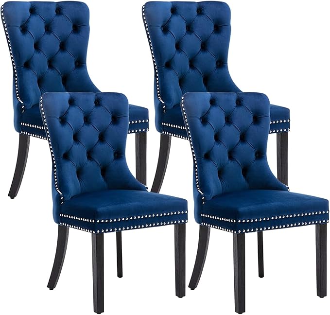 Eifizek Velvet Dining Chairs Set of 4, Upholstered Dining Room Chairs with Nailhead Ring Pull Trim, Button Tufted Wing Back Chairs for Dining with Solid Wood Legs for Kitchen Dining Room(Blue)